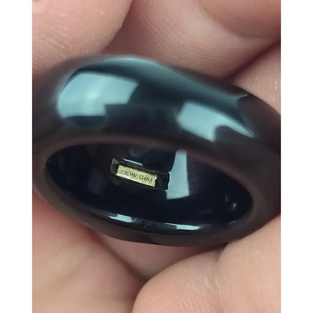 Round Cultured Freshwater Pearl On Black Jade w/ 10k Yellow Gold Ring Size 7.5